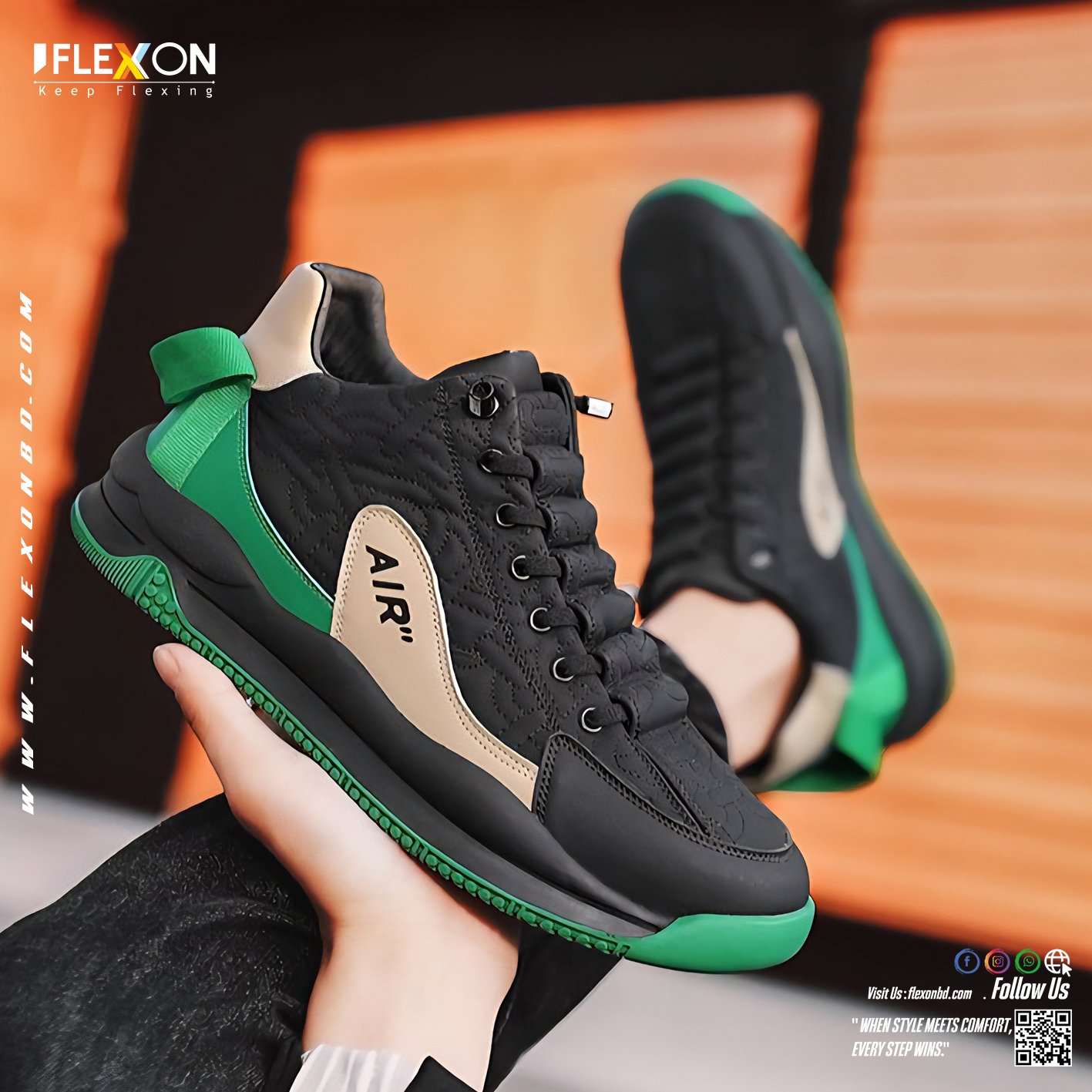 Trendy & Comfortable Sneakers | Green Black | Code - FX 1